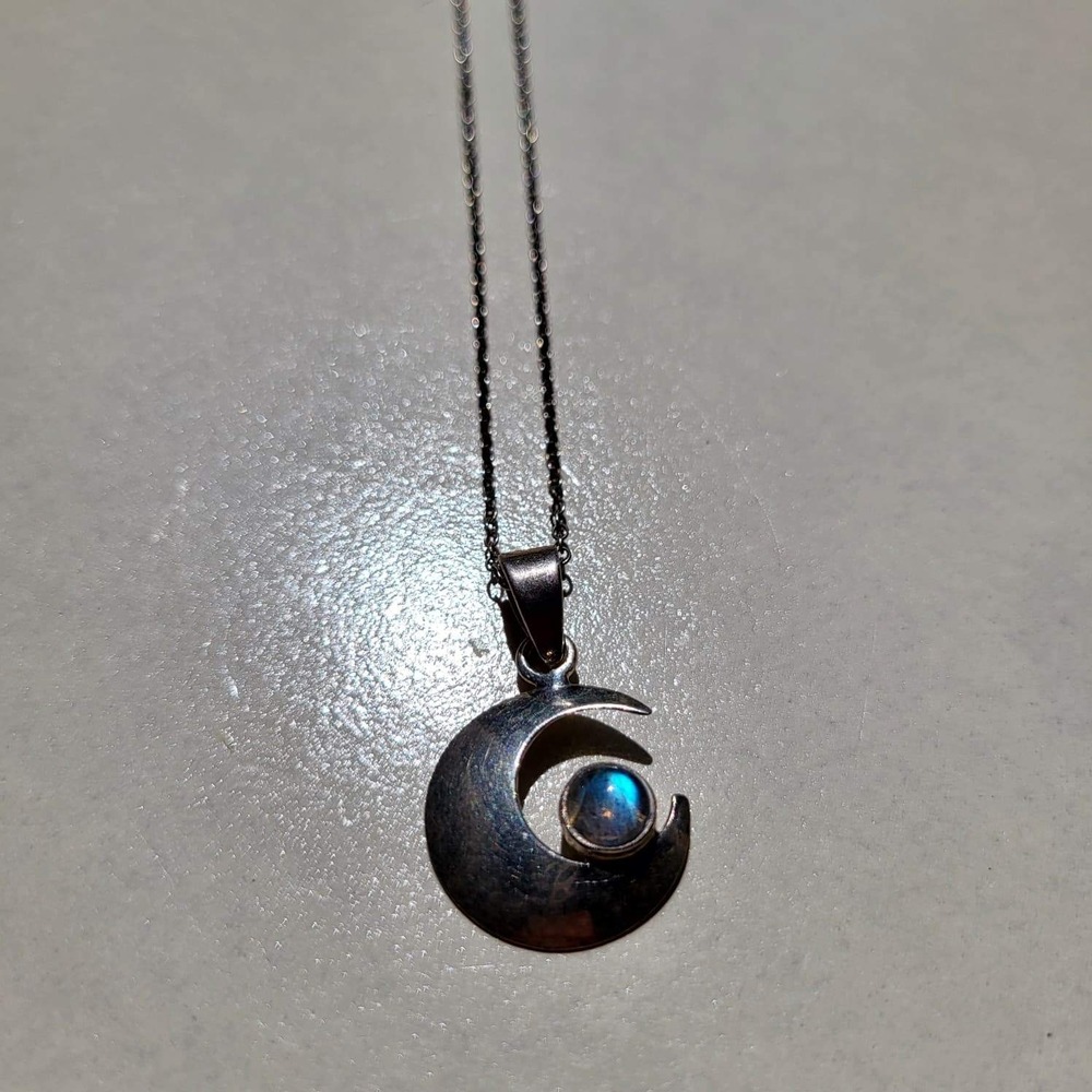 925 Sterling Silver Crescent Moon Necklace Blue Labradorite Celestial
